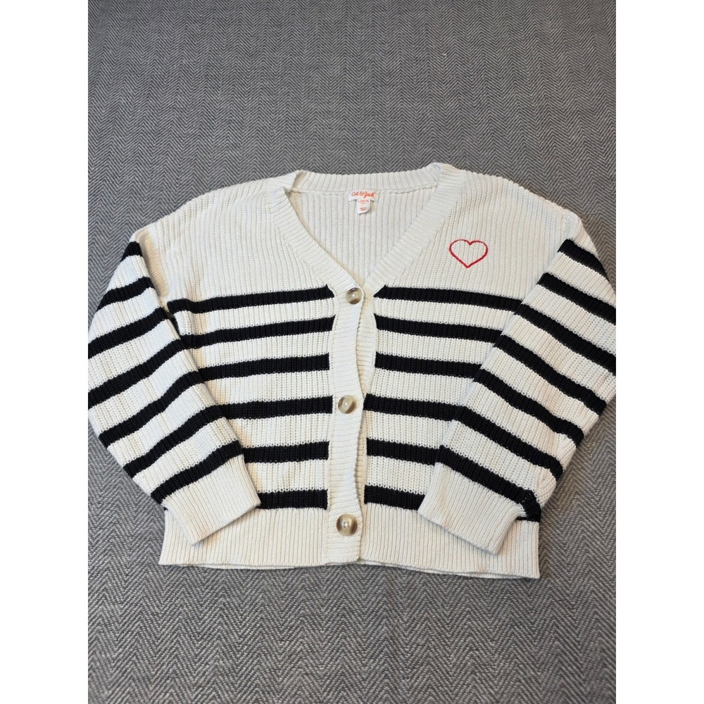 Cat & Jack Cardigan Sweater Women L Black White Striped Ribbed Knit Button Front